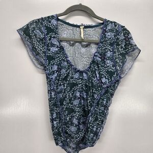 Free People Oh My Baby Tee Cropped Blouse Top Smocked Cotton S Sheer Blue